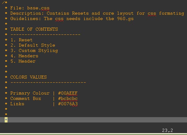 Screen shot of base css in vim